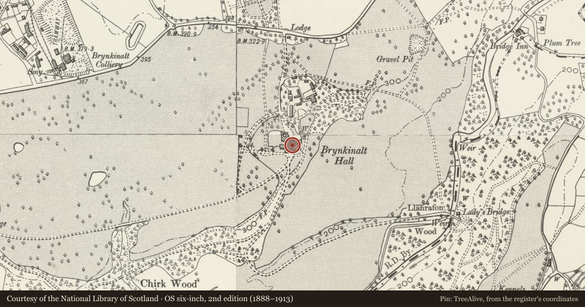 Ordnance Survey six-inch map, 2nd edition (1888–1913) covering the location of Brynkinallt Hall, Chirk, Wrexham, with a pin at the register's coordinates