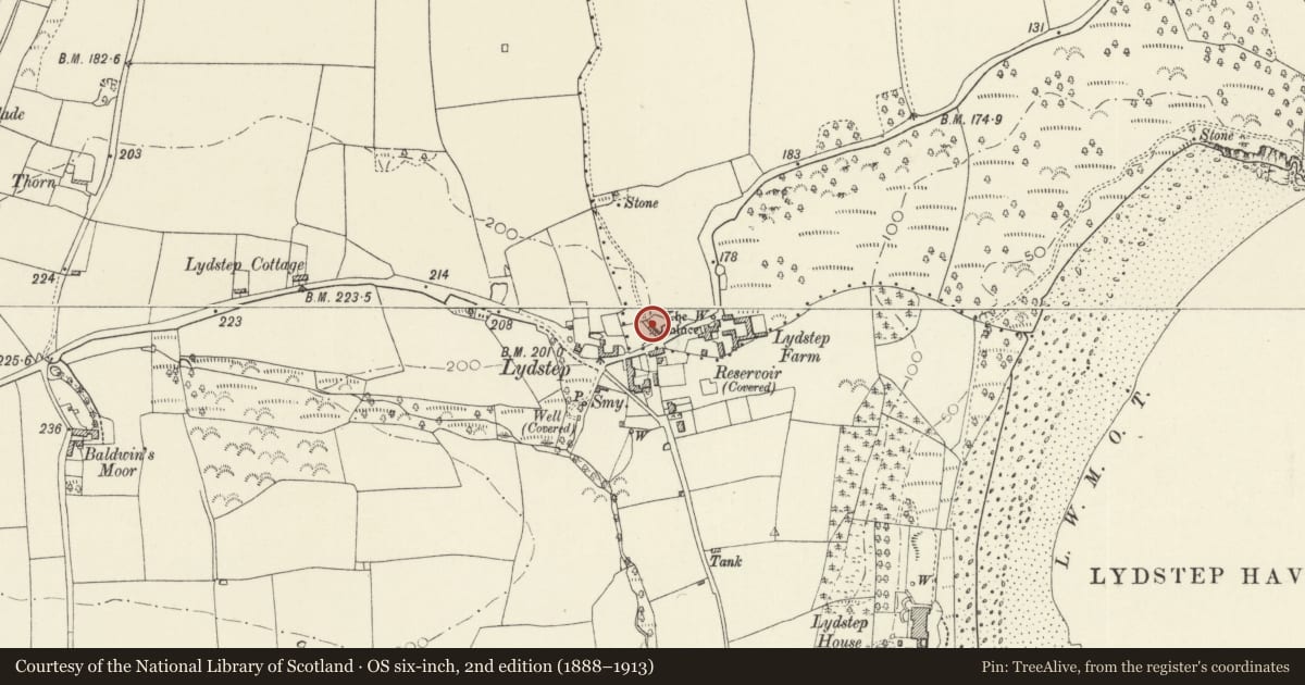 Ordnance Survey six-inch map, 2nd edition (1888–1913) covering the location of Lydstep Palace, Manorbier, Pembrokeshire, with a pin at the register's coordinates