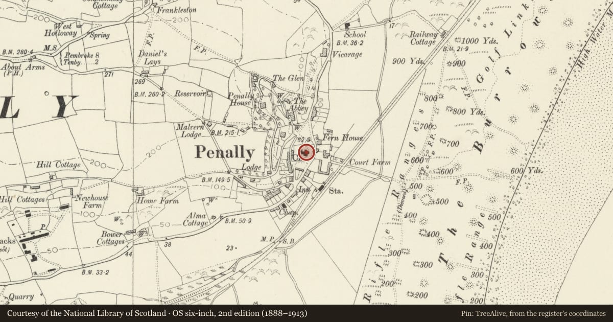 Ordnance Survey six-inch map, 2nd edition (1888–1913) covering the location of Church of St Nicholas, Penally, Pembrokeshire, with a pin at the register's coordinates