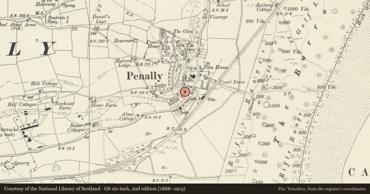 Ordnance Survey six-inch map, 2nd edition (1888–1913) covering the location of Cross Inn, Penally, Pembrokeshire, with a pin at the register's coordinates