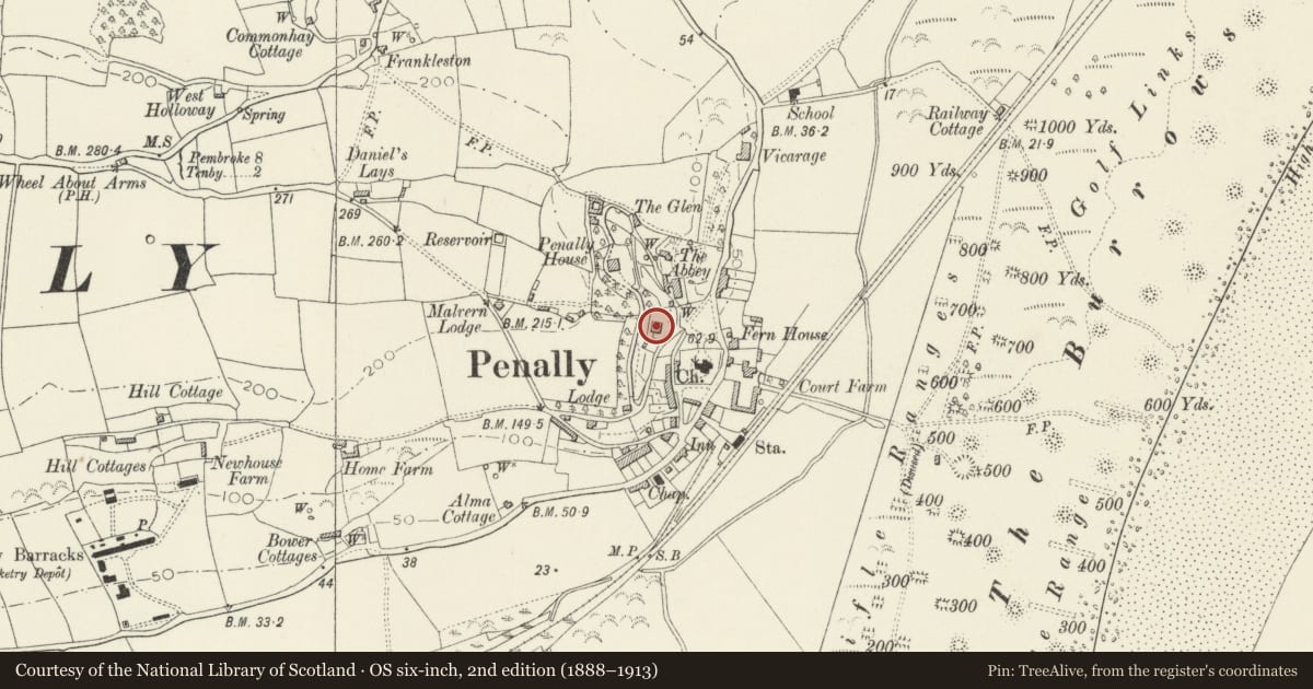 Ordnance Survey six-inch map, 2nd edition (1888–1913) covering the location of The Cottage, Penally, Pembrokeshire, with a pin at the register's coordinates