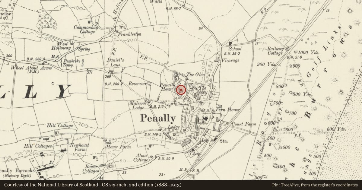 Ordnance Survey six-inch map, 2nd edition (1888–1913) covering the location of Penally House, Pembrokeshire, with a pin at the register's coordinates