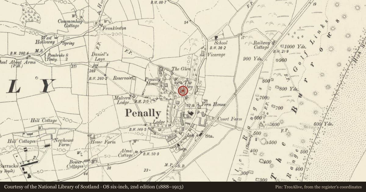 Ordnance Survey six-inch map, 2nd edition (1888–1913) covering the location of Abbey Hotel, Penally, Pembrokeshire, with a pin at the register's coordinates