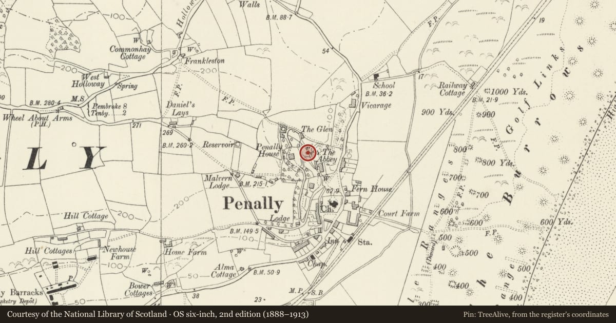 Ordnance Survey six-inch map, 2nd edition (1888–1913) covering the location of St Deiniol's Well, Penally, Pembrokeshire, with a pin at the register's coordinates