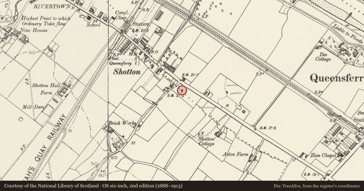 Ordnance Survey six-inch map, 2nd edition (1888–1913) covering the location of Church of St Ethelwold, Shotton, Flintshire, with a pin at the register's coordinates