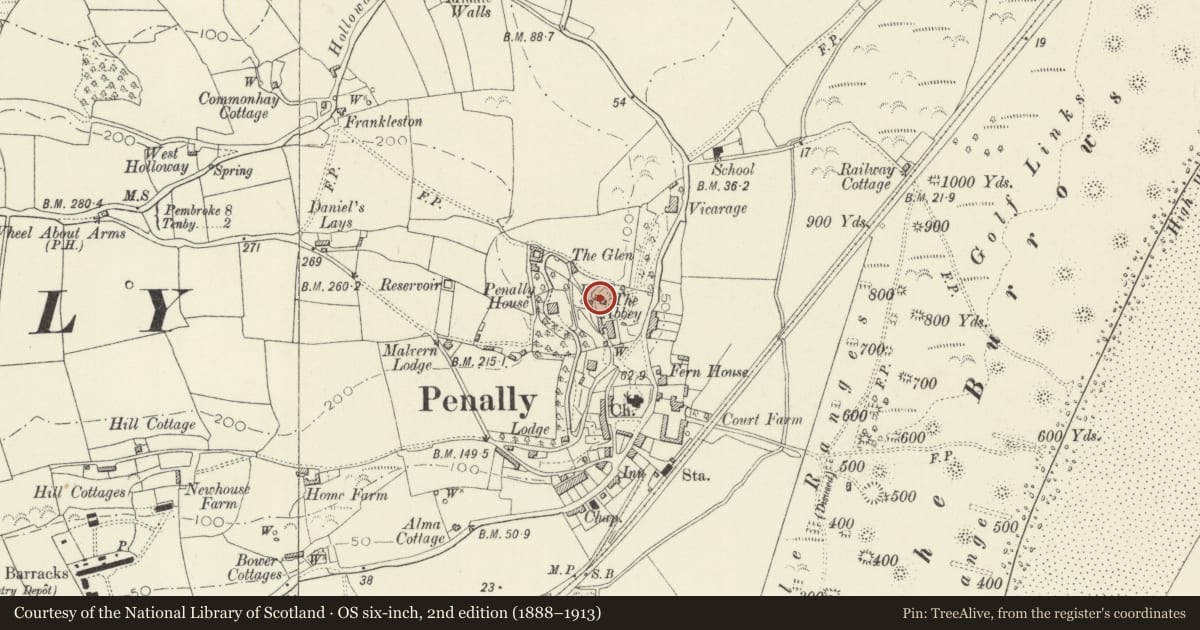 Ordnance Survey six-inch map, 2nd edition (1888–1913) covering the location of Ruins in Grounds of Abbey Hotel, Penally, Pembrokeshire, with a pin at the register's coordinates