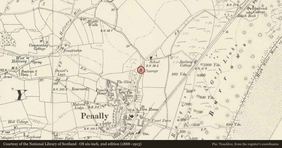 Ordnance Survey six-inch map, 2nd edition (1888–1913) covering the location of Old Vicarage, Penally, Pembrokeshire, with a pin at the register's coordinates