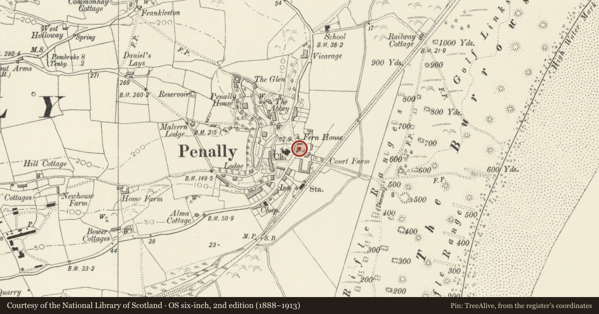 Ordnance Survey six-inch map, 2nd edition (1888–1913) covering the location of Ruins in Grounds of Penally Court, Pembrokeshire, with a pin at the register's coordinates