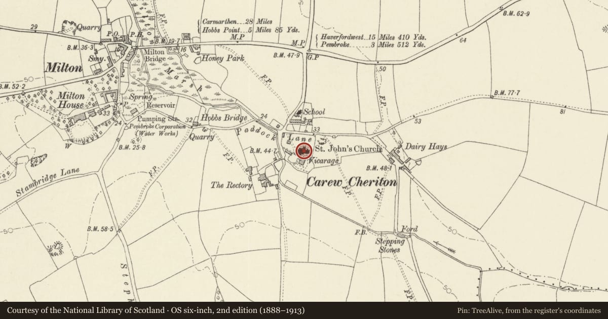 Ordnance Survey six-inch map, 2nd edition (1888–1913) covering the location of Church Of St. Mary, Carew, Pembrokeshire, with a pin at the register's coordinates