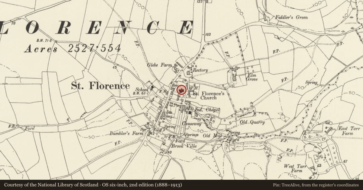 Ordnance Survey six-inch map, 2nd edition (1888–1913) covering the location of Church of St Florence, St. Florence, Pembrokeshire, with a pin at the register's coordinates