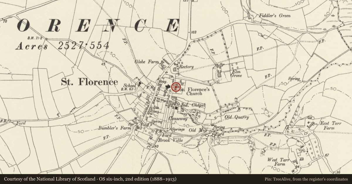 Ordnance Survey six-inch map, 2nd edition (1888–1913) covering the location of Old Chimneys, St. Florence, Pembrokeshire, with a pin at the register's coordinates