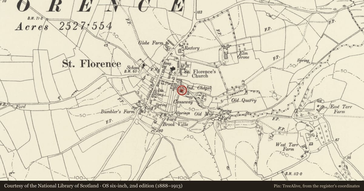 Ordnance Survey six-inch map, 2nd edition (1888–1913) covering the location of Bethel Congregational Chapel, St. Florence, Pembrokeshire, with a pin at the register's coordinates