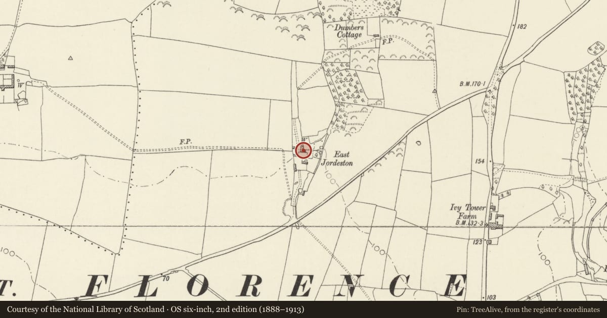 Ordnance Survey six-inch map, 2nd edition (1888–1913) covering the location of East Jordanston Farmhouse, St. Florence, Pembrokeshire, with a pin at the register's coordinates