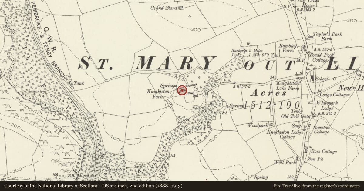Ordnance Survey six-inch map, 2nd edition (1888–1913) covering the location of Knightston Farmhouse, St. Mary Out Liberty, Pembrokeshire, with a pin at the register's coordinates