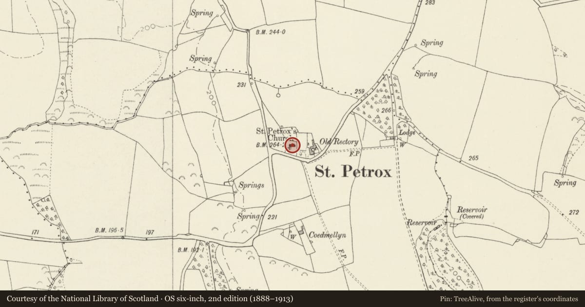 Ordnance Survey six-inch map, 2nd edition (1888–1913) covering the location of St. Petrox Church, Stackpole and Castlemartin, Pembrokeshire, with a pin at the register's coordinates