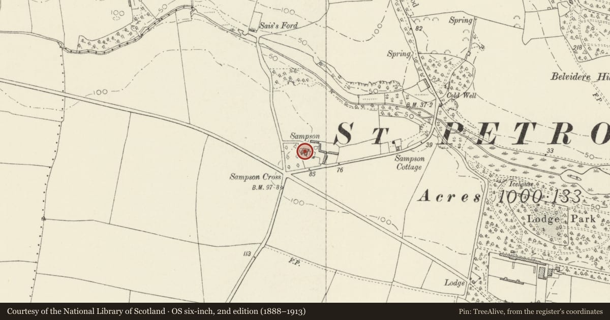 Ordnance Survey six-inch map, 2nd edition (1888–1913) covering the location of Sampson Farmhouse, Stackpole and Castlemartin, Pembrokeshire, with a pin at the register's coordinates