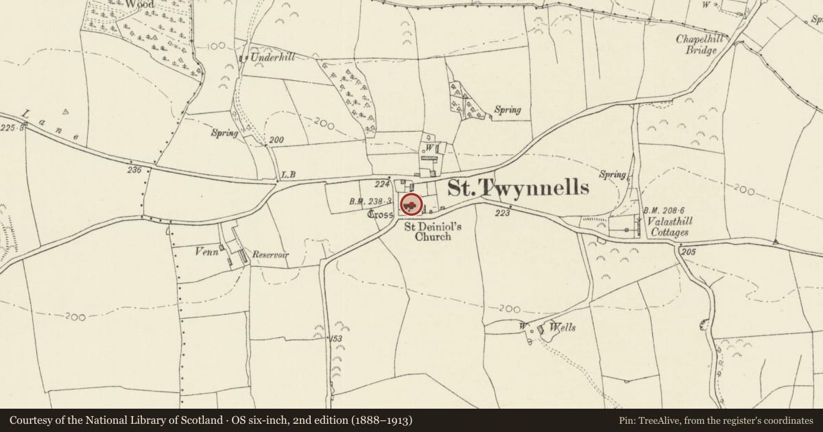 Ordnance Survey six-inch map, 2nd edition (1888–1913) covering the location of St. Twynnell's Church, Stackpole and Castlemartin, Pembrokeshire, with a pin at the register's coordinates