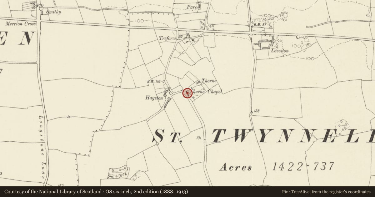 Ordnance Survey six-inch map, 2nd edition (1888–1913) covering the location of Thorne Chapel, Stackpole and Castlemartin, Pembrokeshire, with a pin at the register's coordinates