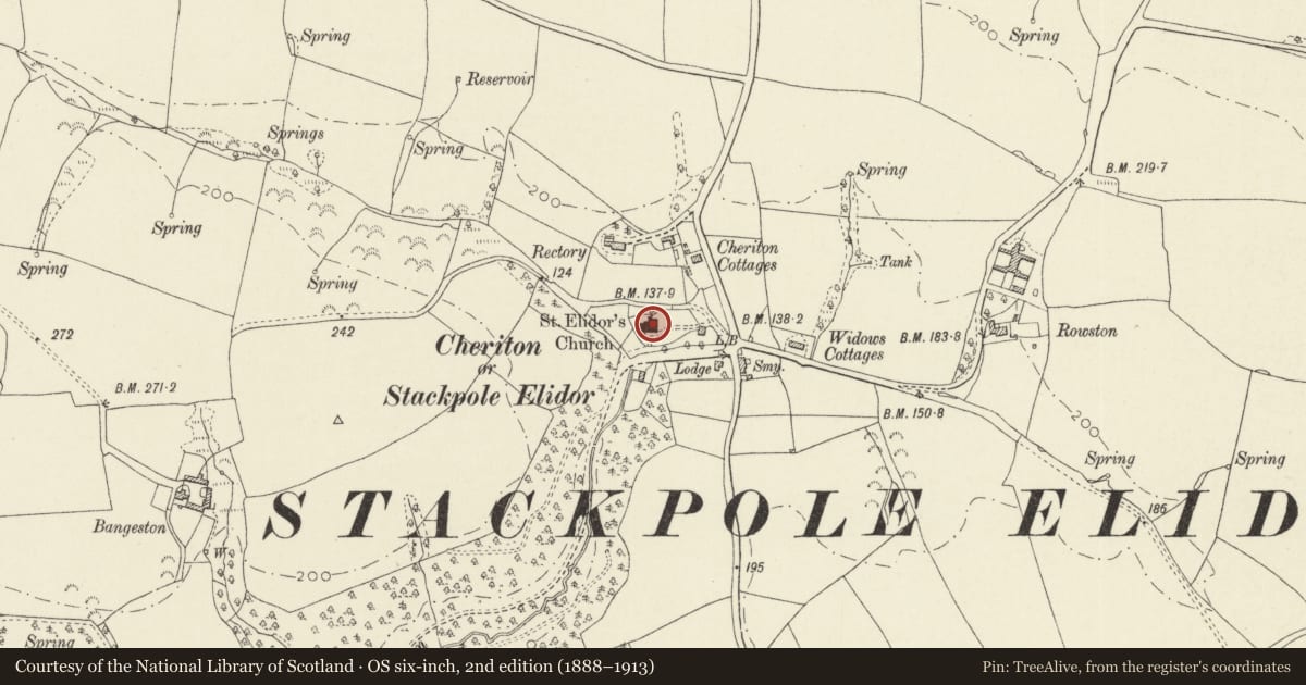 Ordnance Survey six-inch map, 2nd edition (1888–1913) covering the location of St. Elidyr's Church, Stackpole and Castlemartin, Pembrokeshire, with a pin at the register's coordinates