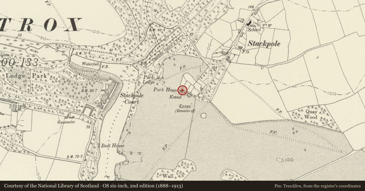 Ordnance Survey six-inch map, 2nd edition (1888–1913) covering the location of Park House, Stackpole and Castlemartin, Pembrokeshire, with a pin at the register's coordinates