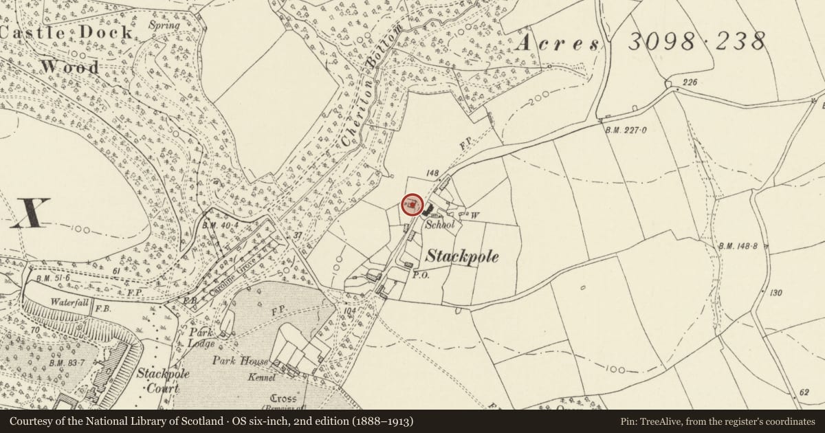 Ordnance Survey six-inch map, 2nd edition (1888–1913) covering the location of Armstrong Arms, Stackpole and Castlemartin, Pembrokeshire, with a pin at the register's coordinates