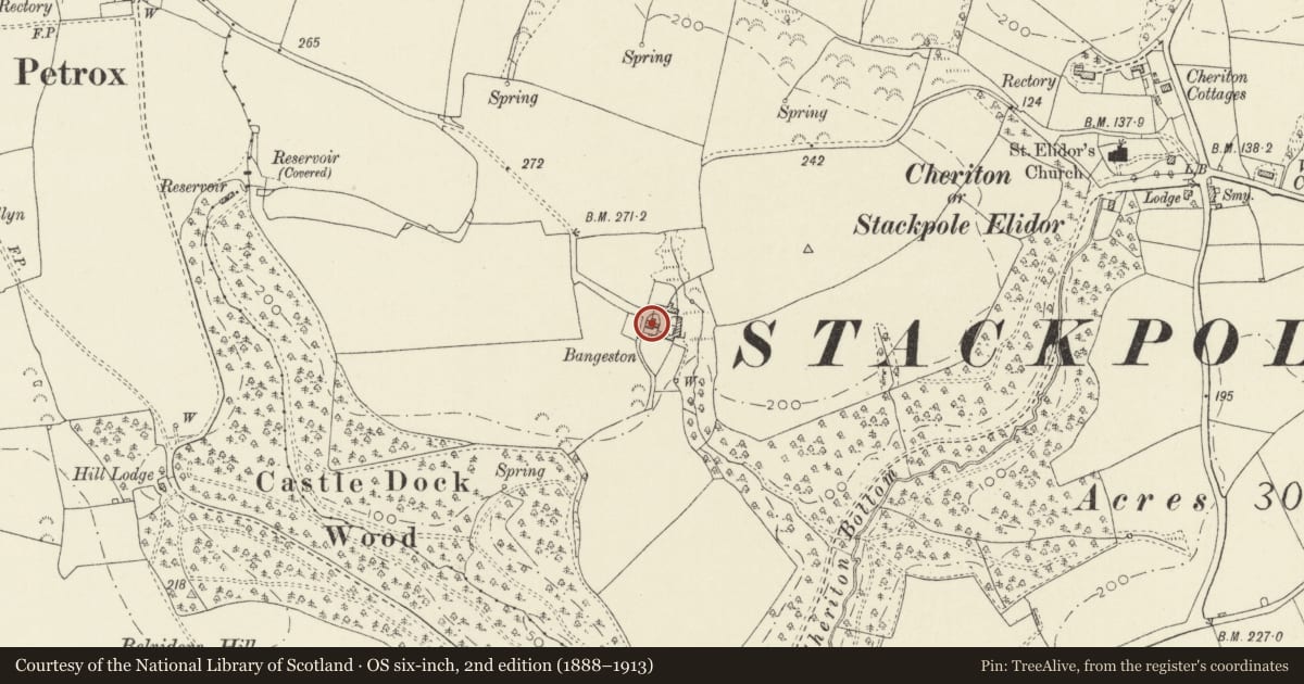 Ordnance Survey six-inch map, 2nd edition (1888–1913) covering the location of Bangeston Farmhouse, Stackpole and Castlemartin, Pembrokeshire, with a pin at the register's coordinates
