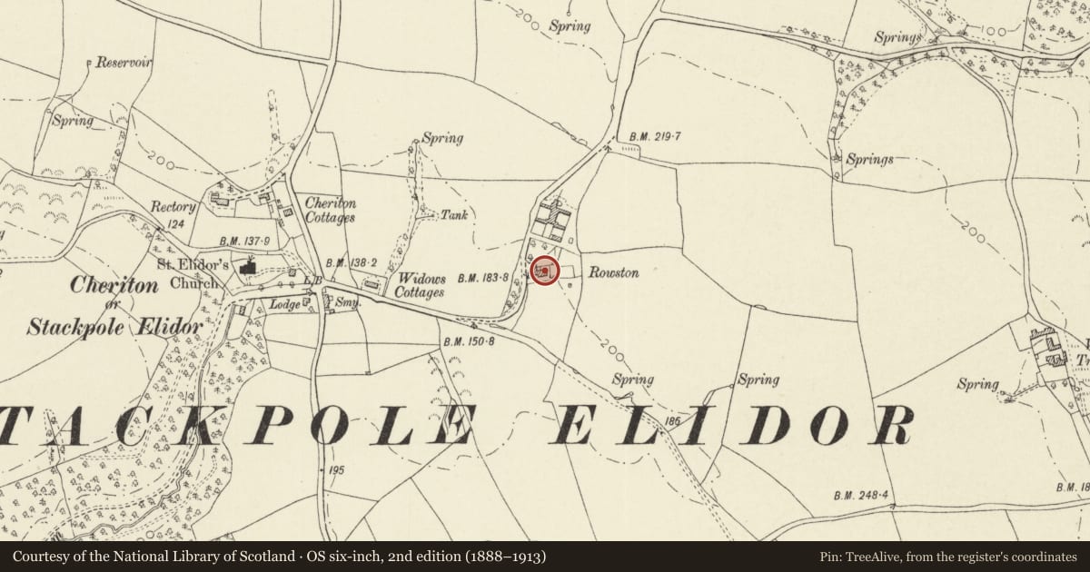 Ordnance Survey six-inch map, 2nd edition (1888–1913) covering the location of Rowston Farmhouse, Stackpole and Castlemartin, Pembrokeshire, with a pin at the register's coordinates