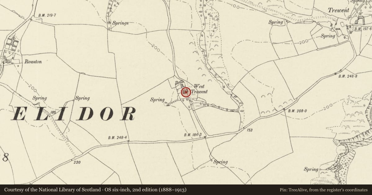 Ordnance Survey six-inch map, 2nd edition (1888–1913) covering the location of West Trewent Farmhouse, Stackpole and Castlemartin, Pembrokeshire, with a pin at the register's coordinates