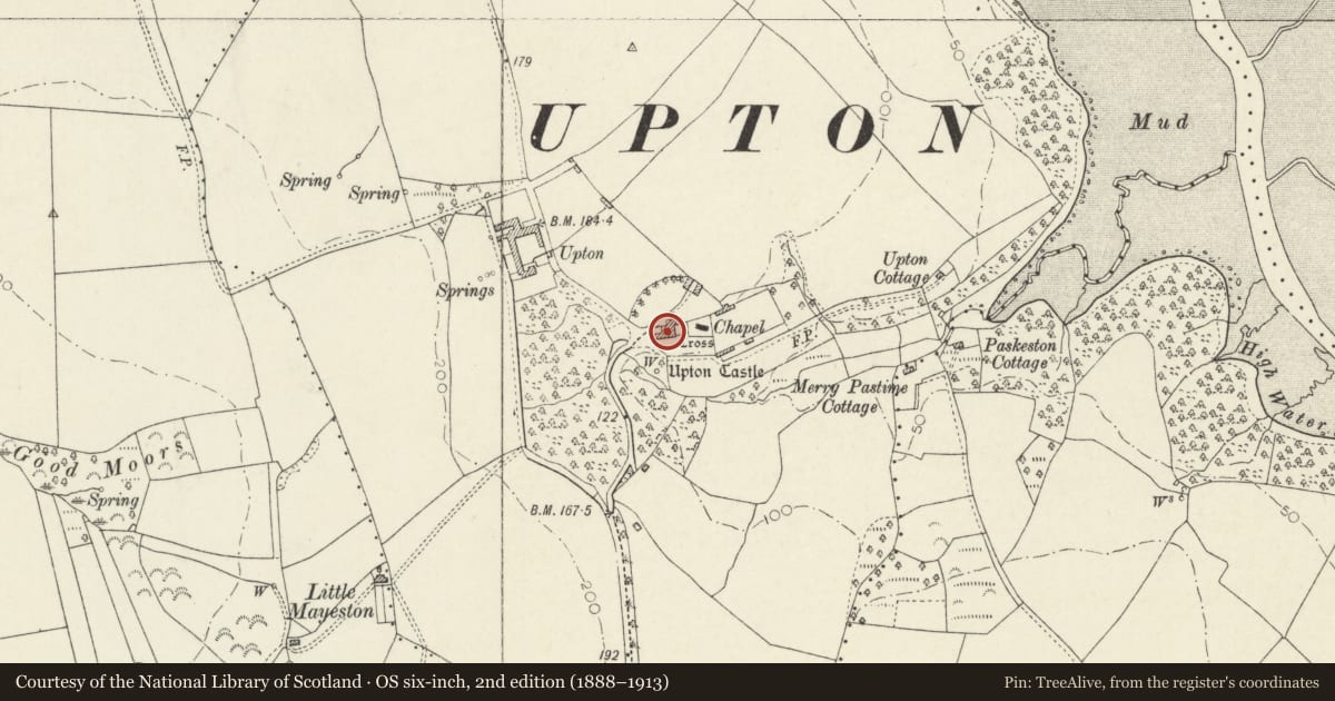 Ordnance Survey six-inch map, 2nd edition (1888–1913) covering the location of Upton Castle, Cosheston, Pembrokeshire, with a pin at the register's coordinates