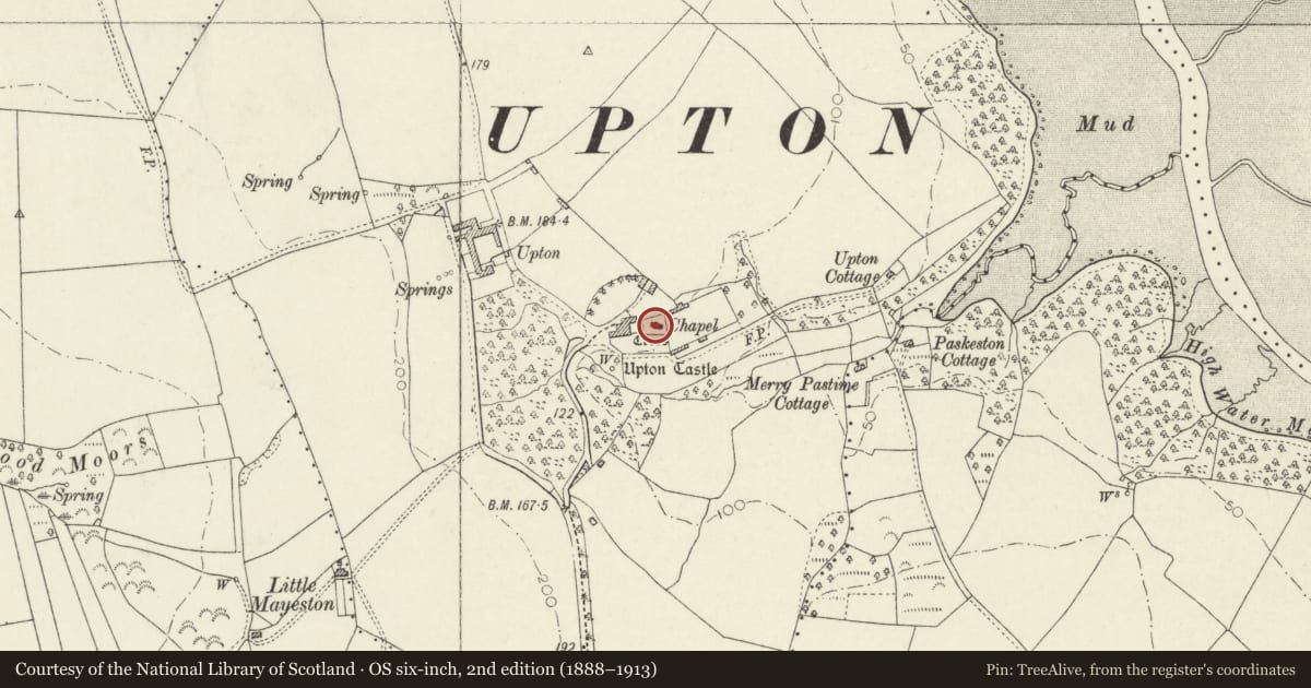 Ordnance Survey six-inch map, 2nd edition (1888–1913) covering the location of Upton Chapel, Cosheston, Pembrokeshire, with a pin at the register's coordinates
