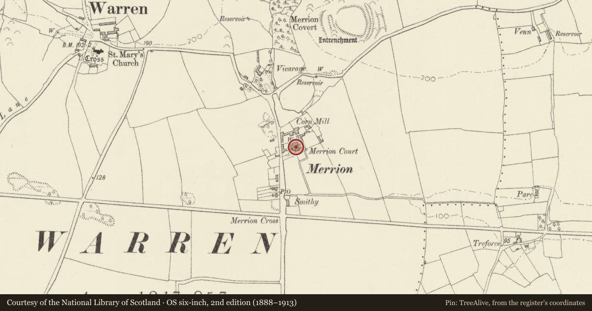 Ordnance Survey six-inch map, 2nd edition (1888–1913) covering the location of Merrion Court, Castlemartin, Pembrokeshire, with a pin at the register's coordinates