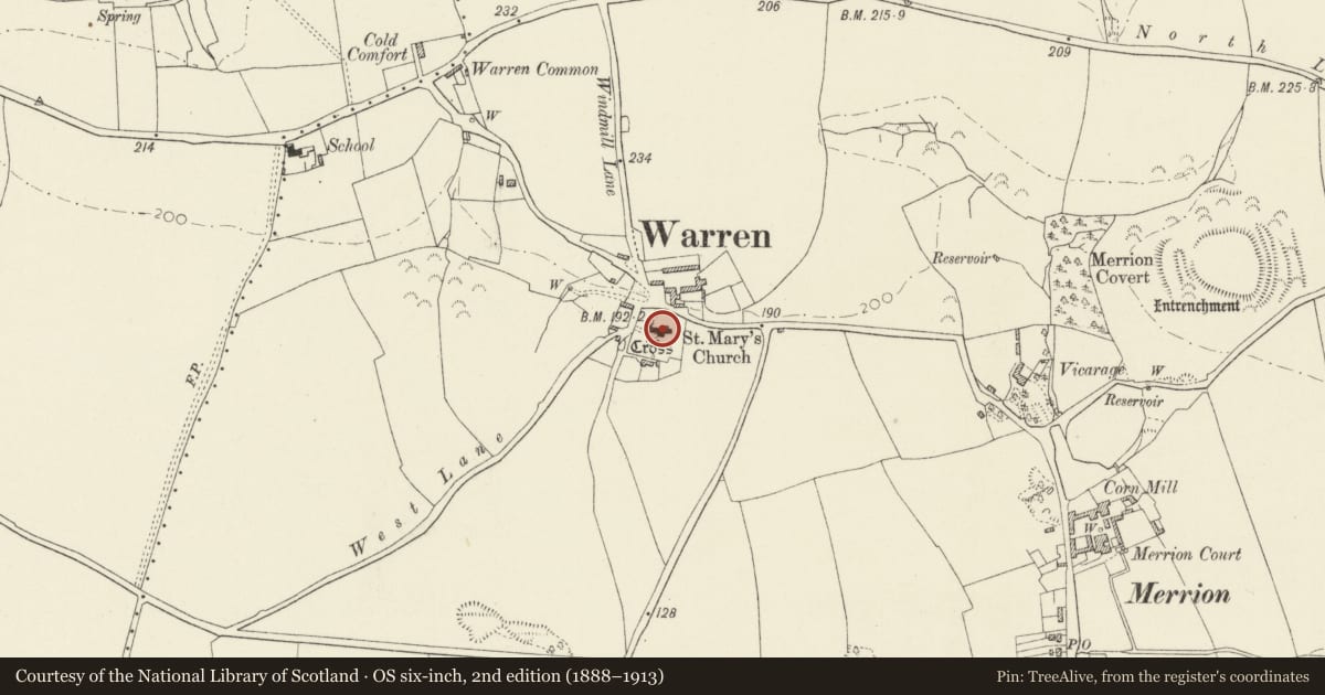 Ordnance Survey six-inch map, 2nd edition (1888–1913) covering the location of St. Mary's Church, Castlemartin, Pembrokeshire, with a pin at the register's coordinates