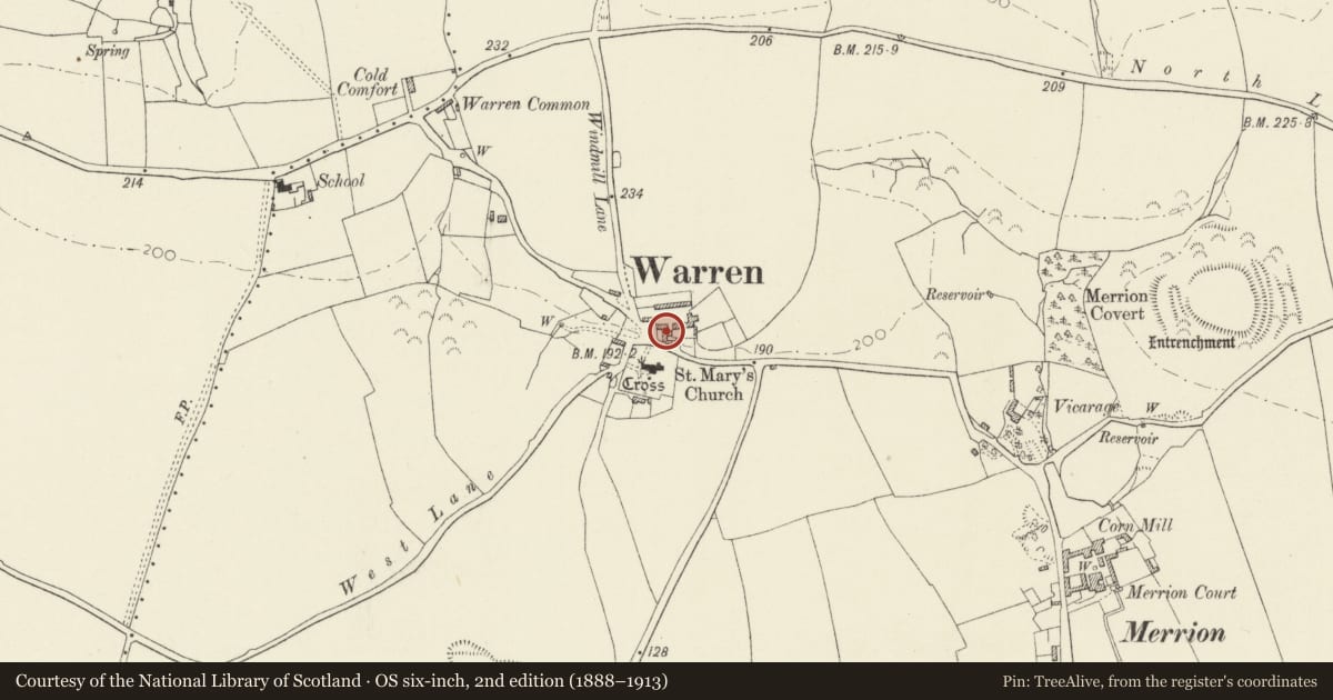 Ordnance Survey six-inch map, 2nd edition (1888–1913) covering the location of Warren Farmhouse, Castlemartin, Pembrokeshire, with a pin at the register's coordinates