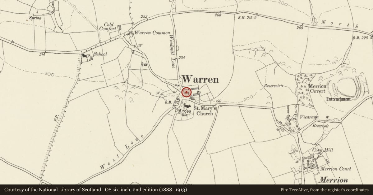 Ordnance Survey six-inch map, 2nd edition (1888–1913) covering the location of Warren Farm Stable Block, Castlemartin, Pembrokeshire, with a pin at the register's coordinates