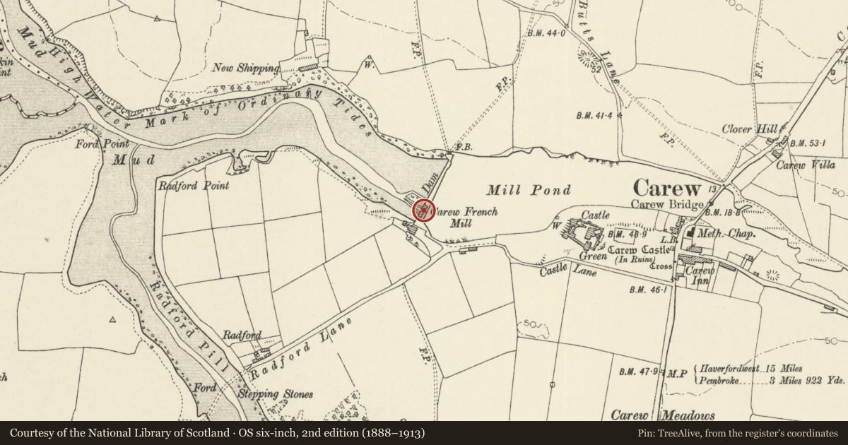 Ordnance Survey six-inch map, 2nd edition (1888–1913) covering the location of French Mill and Tidal Barrier, Carew, Pembrokeshire, with a pin at the register's coordinates