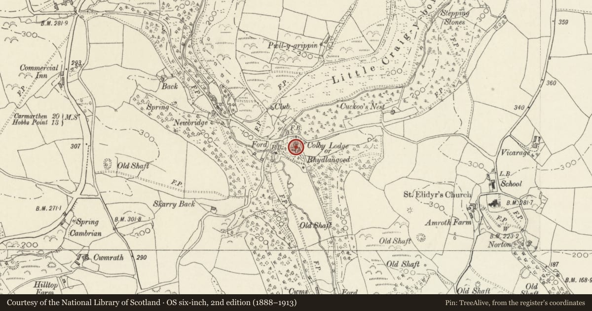 Ordnance Survey six-inch map, 2nd edition (1888–1913) covering the location of Colby Lodge, Amroth, Pembrokeshire, with a pin at the register's coordinates