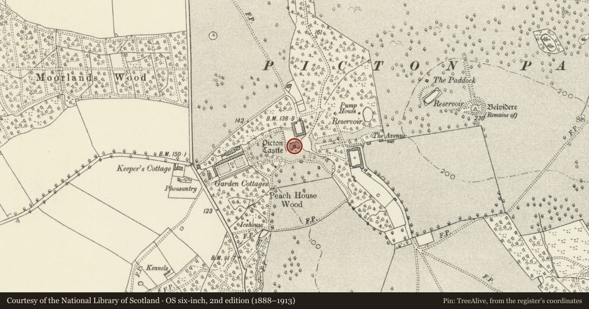 Ordnance Survey six-inch map, 2nd edition (1888–1913) covering the location of Picton Castle, Slebech, Pembrokeshire, with a pin at the register's coordinates