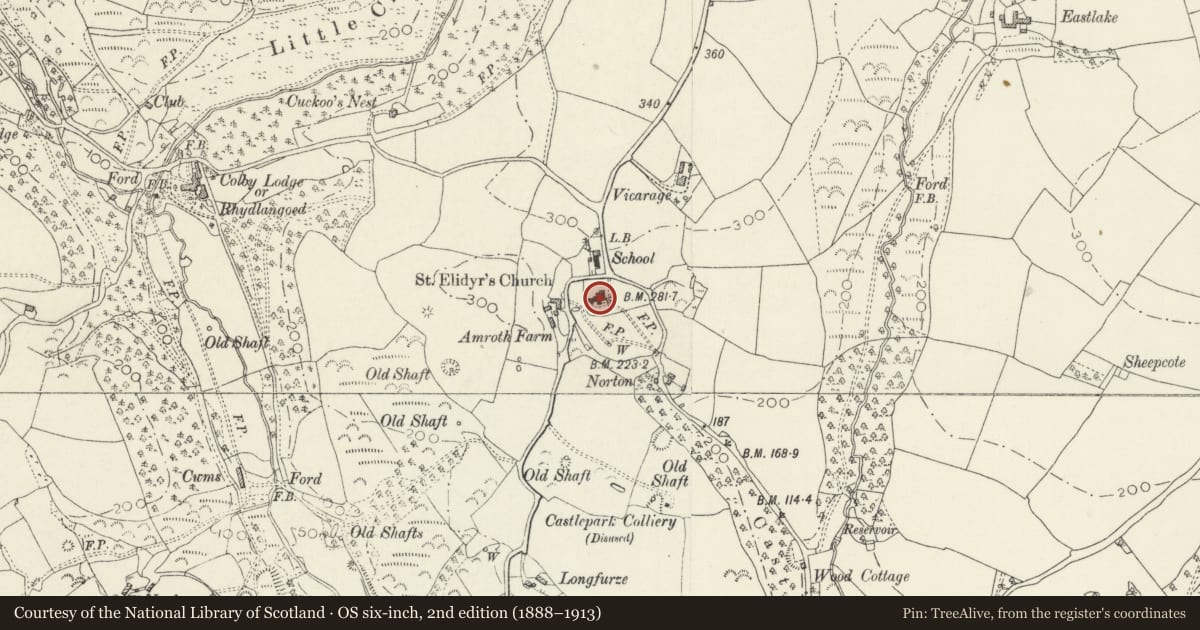 Ordnance Survey six-inch map, 2nd edition (1888–1913) covering the location of St Elidyr's Church, Amroth, Pembrokeshire, with a pin at the register's coordinates