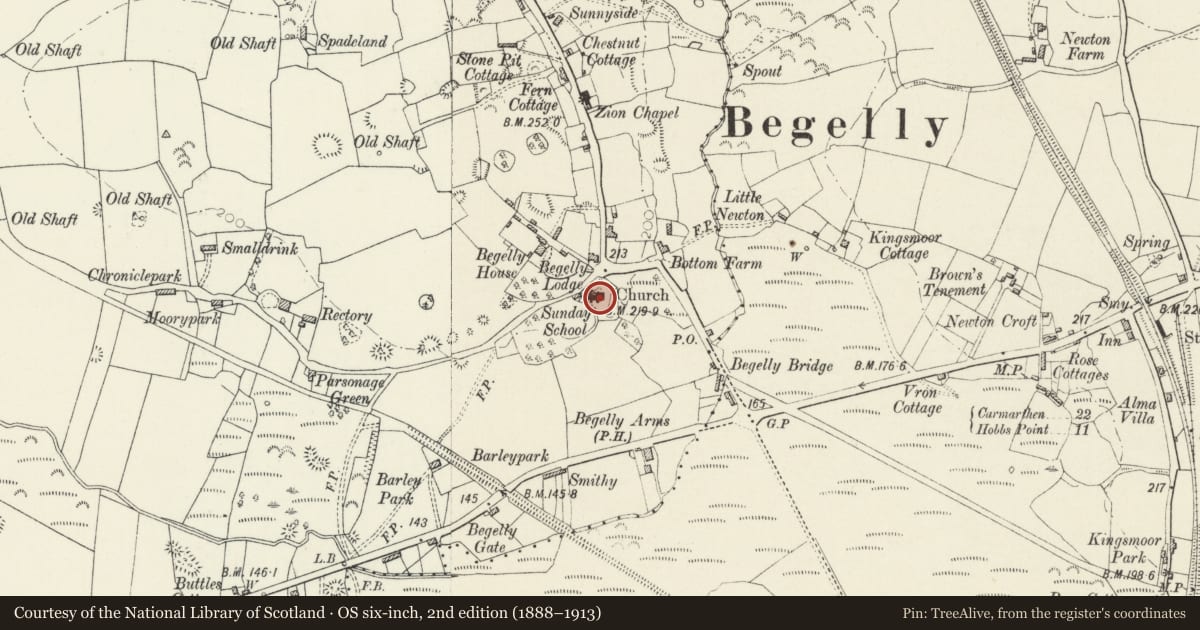 Ordnance Survey six-inch map, 2nd edition (1888–1913) covering the location of Church of St. Mary, Kilgetty/Begelly, Pembrokeshire, with a pin at the register's coordinates