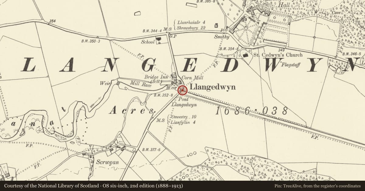 Ordnance Survey six-inch map, 2nd edition (1888–1913) covering the location of Pont Llangedwyn, Powys, with a pin at the register's coordinates