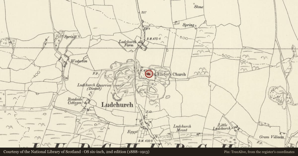 Ordnance Survey six-inch map, 2nd edition (1888–1913) covering the location of Church of St. Elidyr, Lampeter Velfrey, Pembrokeshire, with a pin at the register's coordinates