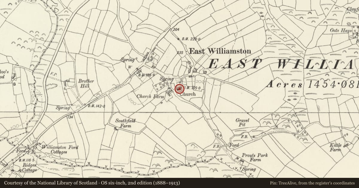 Ordnance Survey six-inch map, 2nd edition (1888–1913) covering the location of East Williamston Parish Church, Pembrokeshire, with a pin at the register's coordinates