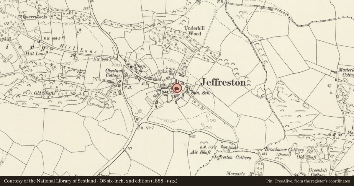 Ordnance Survey six-inch map, 2nd edition (1888–1913) covering the location of Church of St. Jeffrey and St. Oswald, Jeffreyston, Pembrokeshire, with a pin at the register's coordinates