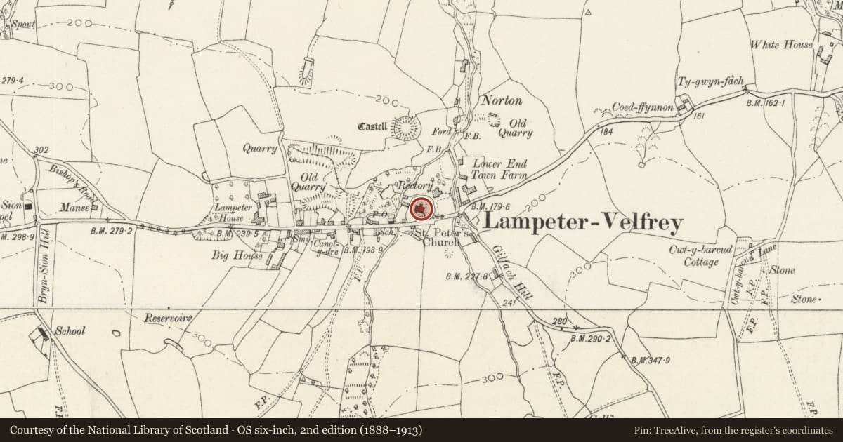 Ordnance Survey six-inch map, 2nd edition (1888–1913) covering the location of Church of St. Peter, Lampeter Velfrey, Pembrokeshire, with a pin at the register's coordinates
