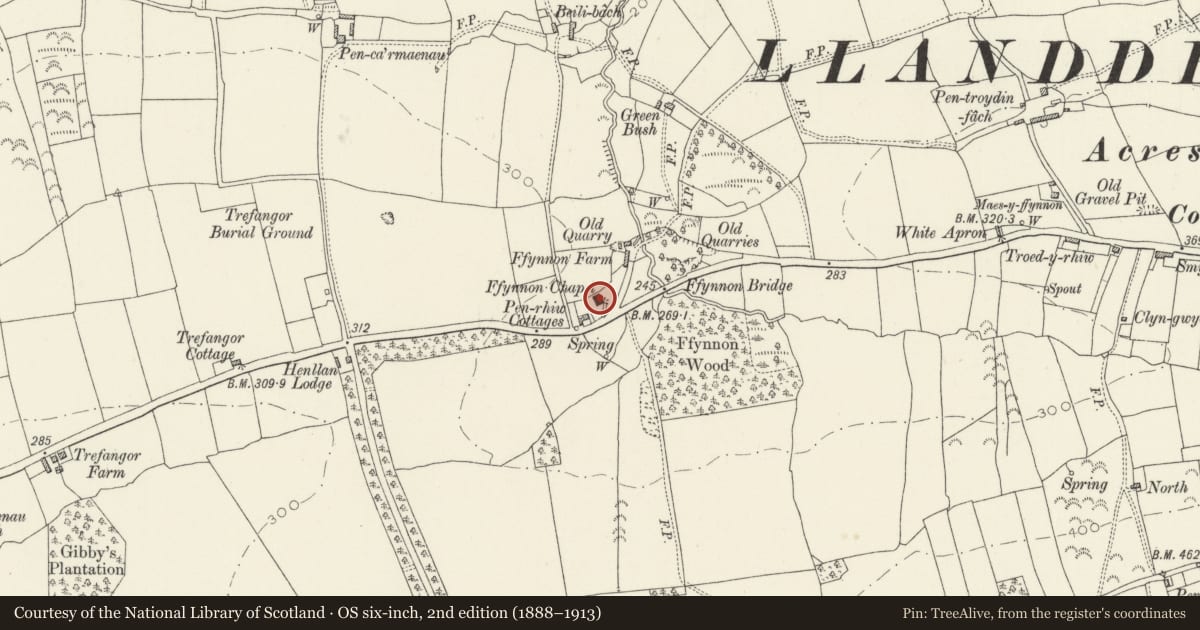 Ordnance Survey six-inch map, 2nd edition (1888–1913) covering the location of Ffynnon Baptist Chapel, Llanddewi Velfrey, Pembrokeshire, with a pin at the register's coordinates