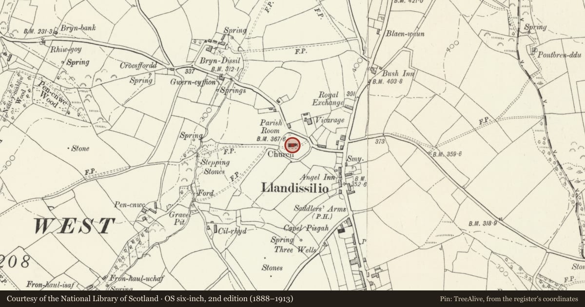 Ordnance Survey six-inch map, 2nd edition (1888–1913) covering the location of Church of Saint Tysilio, Llandissilio West, Pembrokeshire, with a pin at the register's coordinates