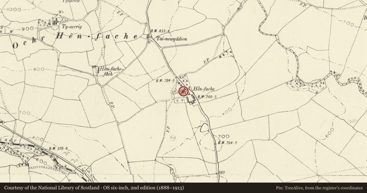 Ordnance Survey six-inch map, 2nd edition (1888–1913) covering the location of Henfache, Llanrhaeadr-ym-Mochnant, Powys, with a pin at the register's coordinates