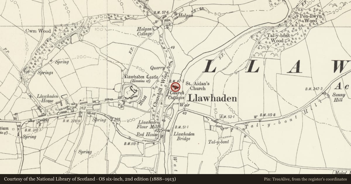 Ordnance Survey six-inch map, 2nd edition (1888–1913) covering the location of Church of St. Aidan, Llawhaden, Pembrokeshire, with a pin at the register's coordinates
