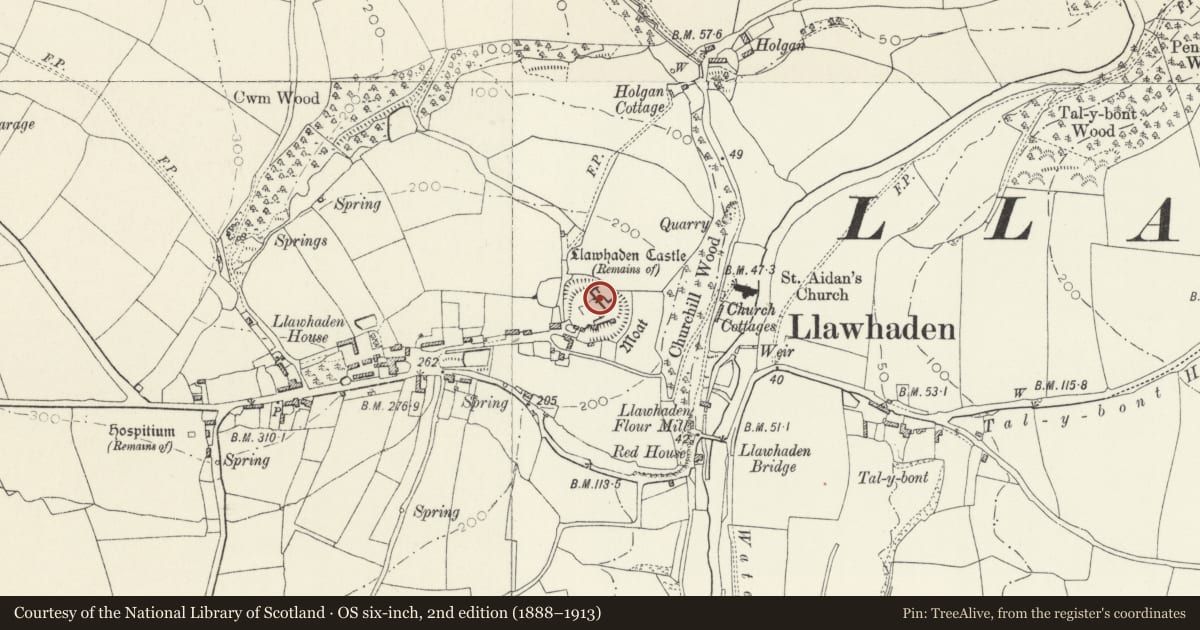 Ordnance Survey six-inch map, 2nd edition (1888–1913) covering the location of Llawhaden Castle, Pembrokeshire, with a pin at the register's coordinates