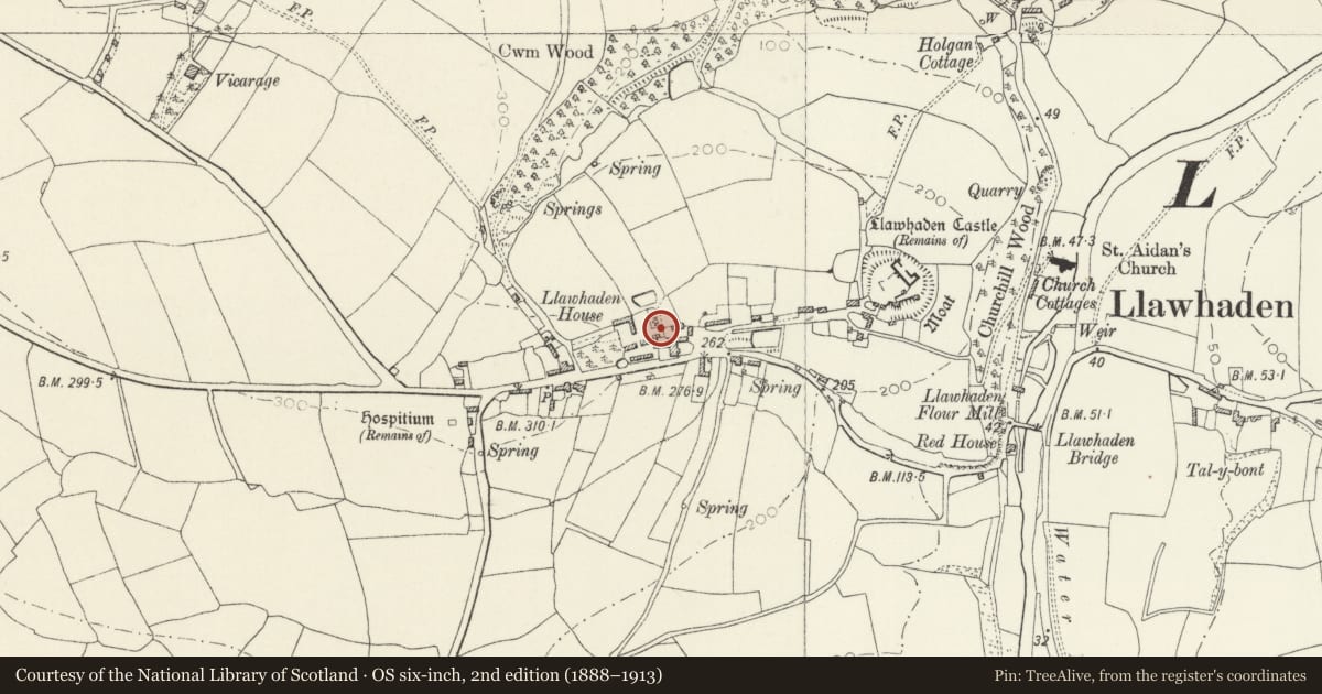 Ordnance Survey six-inch map, 2nd edition (1888–1913) covering the location of Dovecote at Llawhaden House, Pembrokeshire, with a pin at the register's coordinates